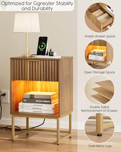 Masupu Fluted Nightstand with Charging Station and LED - Image 8