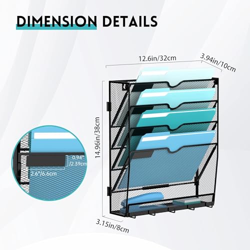 5-Tier Wall File Organizer and Mail Organizer with 5 Hooks, Black - Image 4