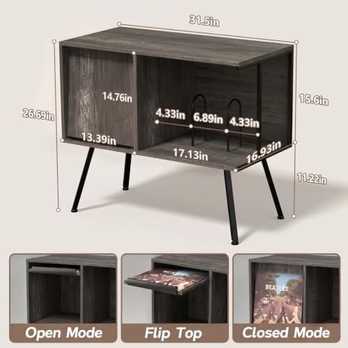 Record Player Stand with Flip-Down Record Shelf, Gray - Image 4