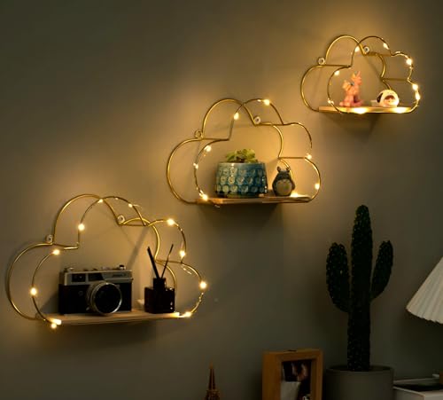 Golden Cloud Shape Floating Shelves with LED Lights Wall - Image 4