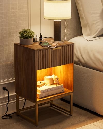 Masupu Fluted Nightstand with Charging Station and LED - Image 2