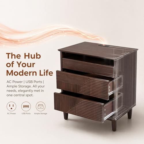 Nightstand with Charging Station, 3 Drawers Fluted Bedside Table - Image 7