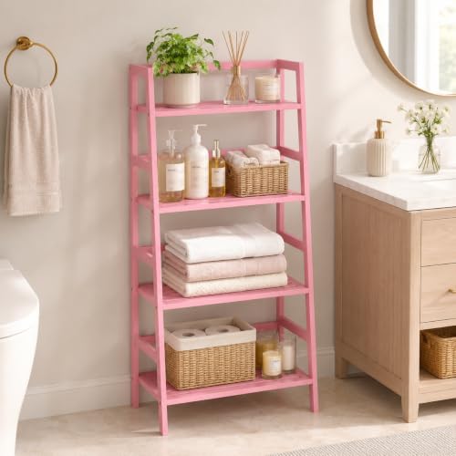 Pink Ladder Shelf, 4-Tier Bamboo Bookshelf & Bookcase Organizer - Image 5