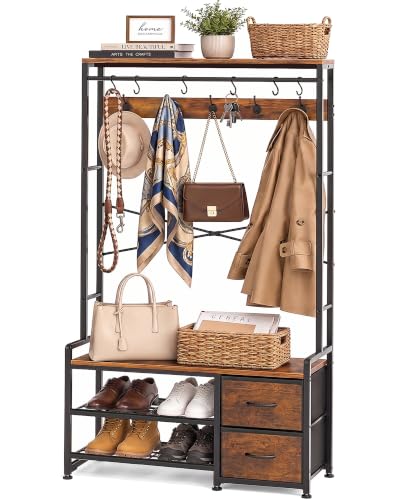 Hall Tree with Bench and Shoe Storage, Rustic Brown - Image 2