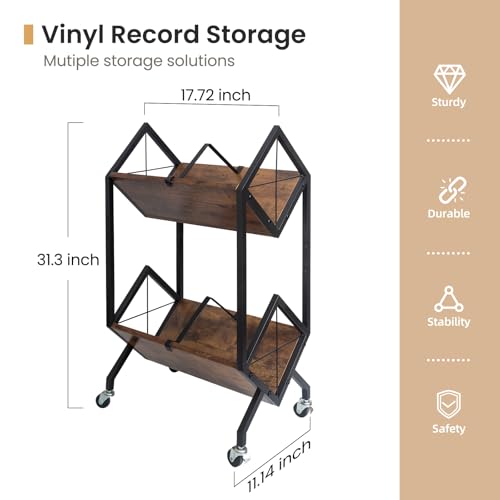 Vinyl Record Storage Holder with Wheels, 2-Tier Record - Image 4