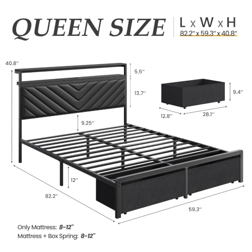 Queen Bed Frame with 2 Drawers, Upholstered Headboard - Image 3