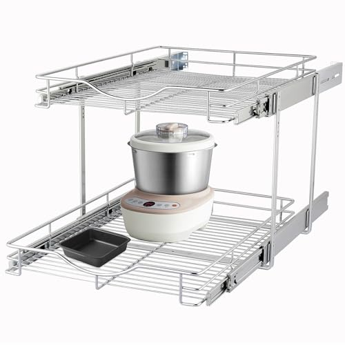 DINDON 2 Tier Pull Out Cabinet Organizer (17" W x 18" D) Heavy-Duty Metal Sliding Drawer Shelf, Two Tier Pull Out Shelves for Kitchen Cabinets, Pantry, Bathroom, Chrome Finish - Image 2