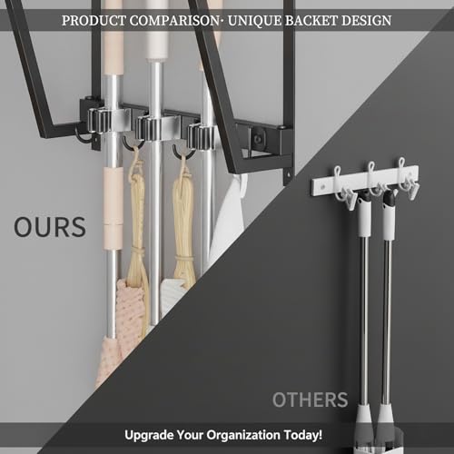 Broom Holder Wall Mount with 3 Storage Slots & 4 Utility Hooks - Image 7