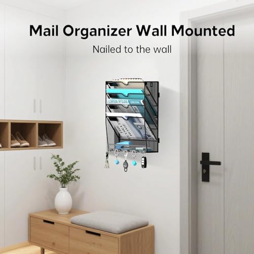 5-Tier Wall File Organizer and Mail Organizer with 5 Hooks, Black - Image 5