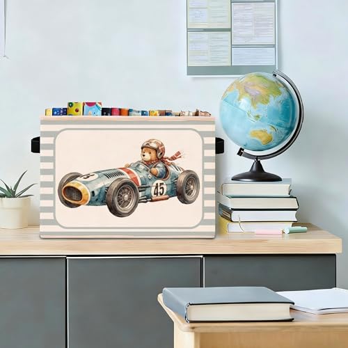 Race Car Bear Storage Bin, Blue Gray Stripe Foldable Fabric - Image 4