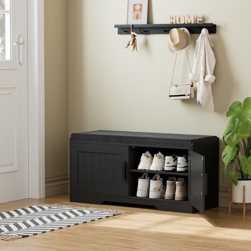 Shoe Storage Bench, 2 Doors & Thickened Padded Seat Cushion - Image 4