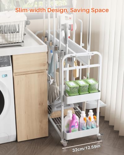 Broom and Mop Holder with Cleaning Supplies Organizer (White) - Image 3