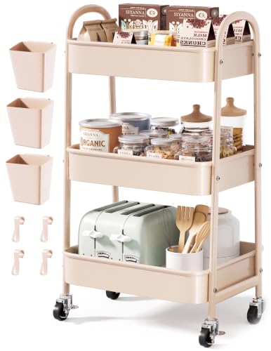 Beige 3 Tier Rolling Cart Metal with Wheels,Tan Thre | All Products - Image 2