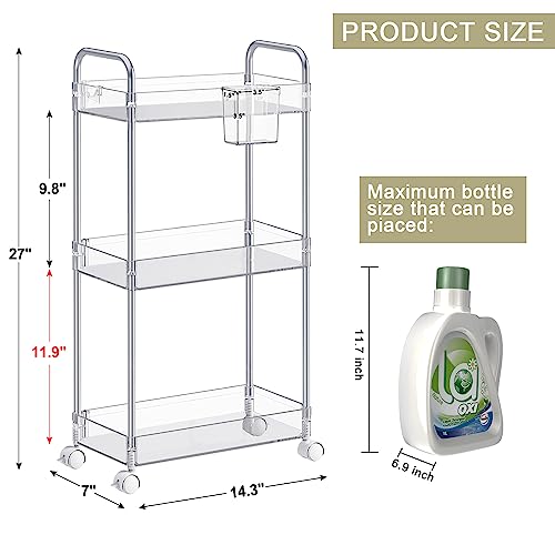 SPACEKEEPER 3 Tier Acrylic Storage Rolling Cart Clear Bathroom - Image 3