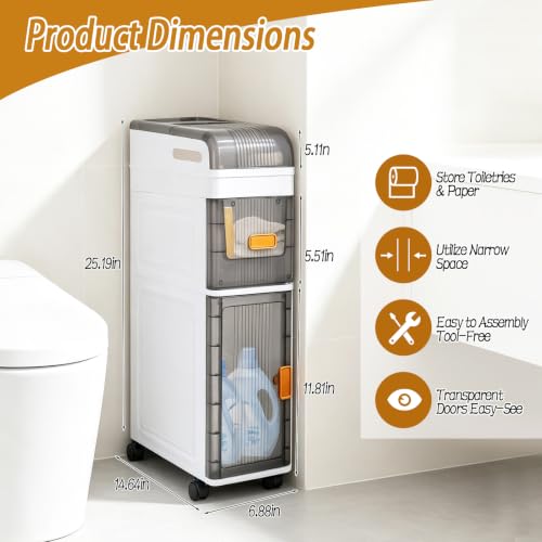 3-Tier Slim Bathroom Storage Cabinet, Narrow Rolling - Image 3