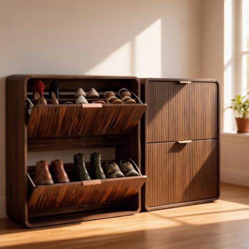 Modern Shoe Cabinet with 2 Flip Drawers, Fluted Panel - Image 3