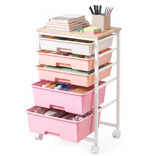 VASAGLE Rolling Cart with Drawers,5 Drawers Storage Cart, Pink - Image 2