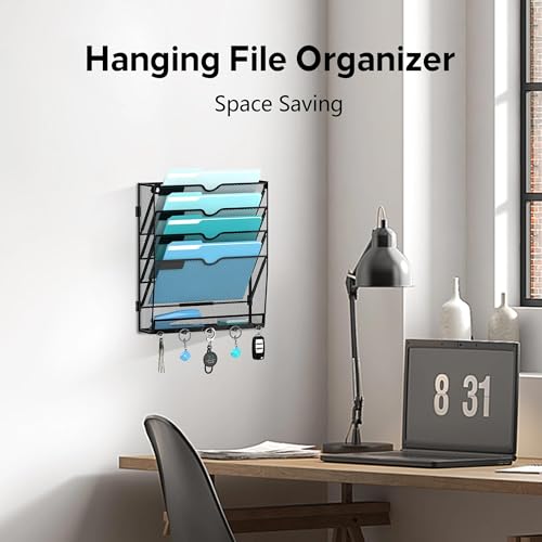 5-Tier Wall File Organizer and Mail Organizer with 5 Hooks, Black - Image 6
