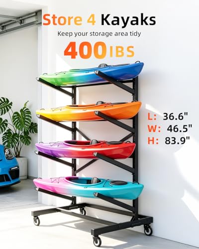 4-Tier Single-Sided Kayak Storage Rack with Wheels, Heavy - Image 4