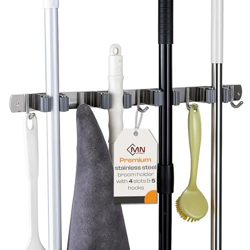 Stainless Steel Broom Holder Wall Mount, 4 Racks & 5 Hooks - Image 2