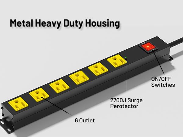 Heavy Duty 6 Outlet Metal Long Power Strip, 2700J Surge Protector - Image 3