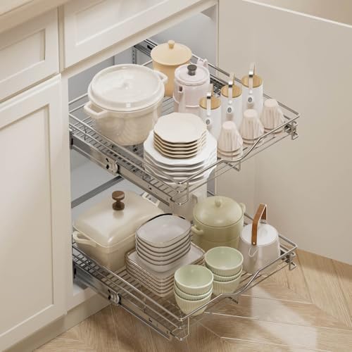 DINDON 2 Tier Pull Out Cabinet Organizer (17" W x 18" D) Heavy-Duty Metal Sliding Drawer Shelf, Two Tier Pull Out Shelves for Kitchen Cabinets, Pantry, Bathroom, Chrome Finish - Image 3