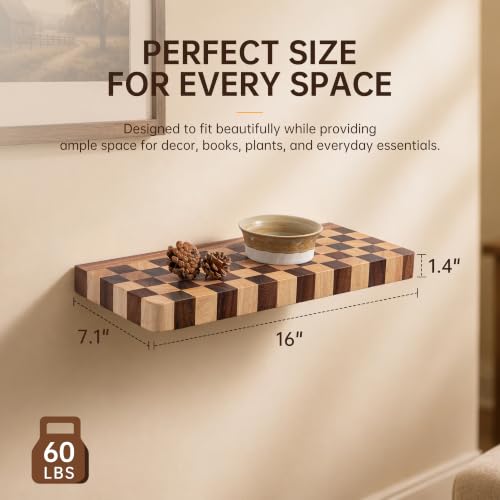 Floating Shelves for Wall, 16 Inch Solid Wood Checkered Wall - Image 4