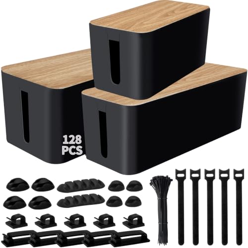 128PCS Cable Management Box 3Pack Cable Management Kit for Power Strip to Hide Wires,Cord Hider Boxes,Cord Box Safe ABS Material Wire Organizer of Cable Clips Sleeve for Home & Off - Image 2