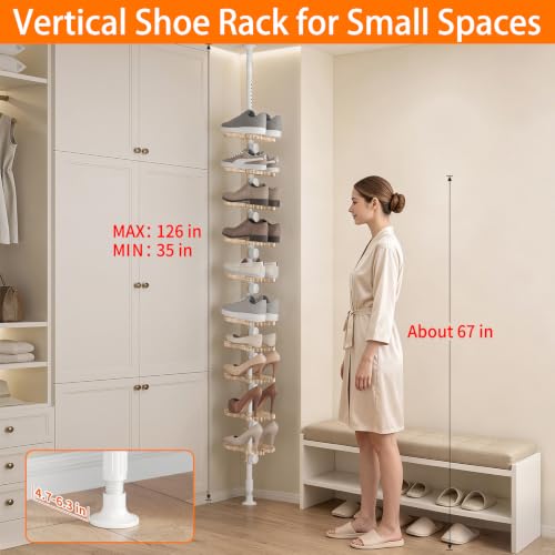 10-Tier Tension Pole Vertical Shoe Rack Tall Narrow - Image 3