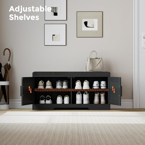 Shoe Storage Bench, 2 Doors & Thickened Padded Seat Cushion - Image 6