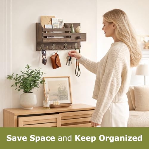 Key Holder Wall Mount, Wooden Key and Mail Organizer, Brown - Image 4