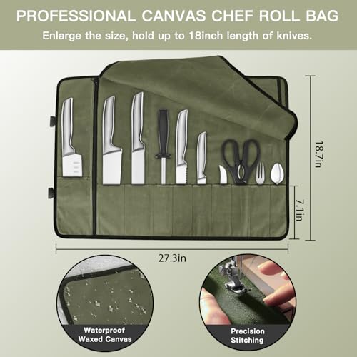 Chef Knife Roll Bag,Waterproof Waxed Canvas Knife Case Holds - Image 4
