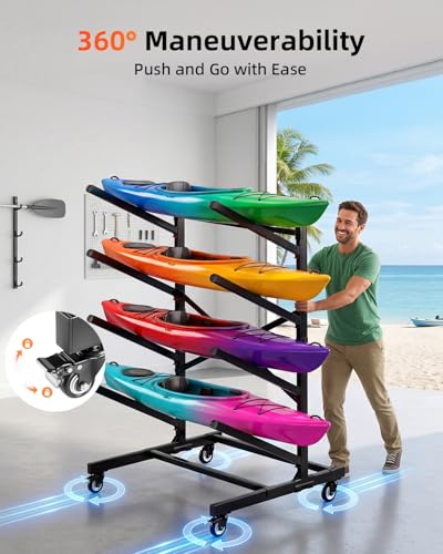 4-Tier Single-Sided Kayak Storage Rack with Wheels, Heavy - Image 7