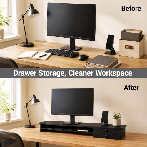Dual Monitor Stand, 42.5 Inch Wood Monitor Riser with Drawers - Image 8