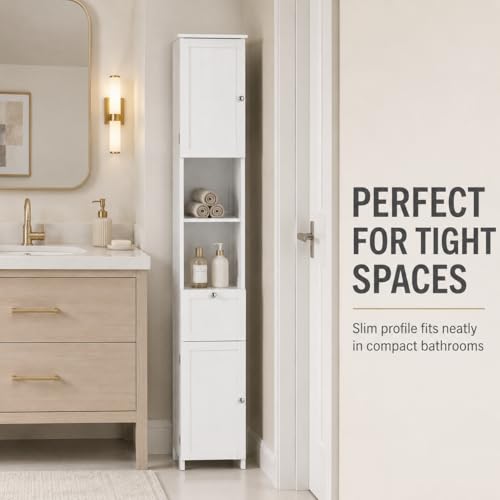 Basicwise White Tall Narrow Linen Tower Cabinet Freestanding - Image 7