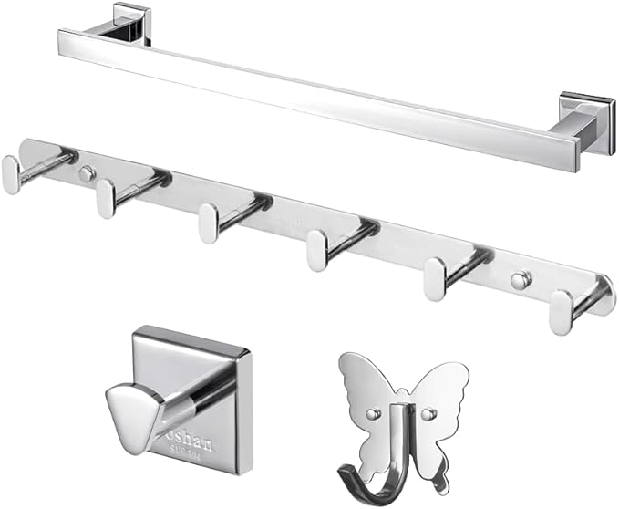 Roshan Handcrafted and Hand Polished Multi Purpose Towel Rack, SUS304 Stainless Steel Rust Proof and Peel Resistant Towel Shelf, Towel Hook, Includes 2 Handmade Hooks (4, Silver)