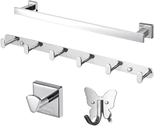 Roshan Handcrafted and Hand Polished Multi Purpose Towel Rack, SUS304 Stainless Steel Rust Proof and Peel Resistant Towel Shelf, Towel Hook, Includes 2 Handmade Hooks (4, Silver)