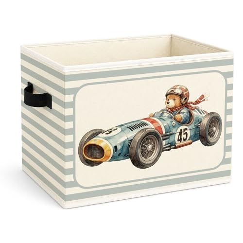 Race Car Bear Storage Bin, Blue Gray Stripe Foldable Fabric - Image 2