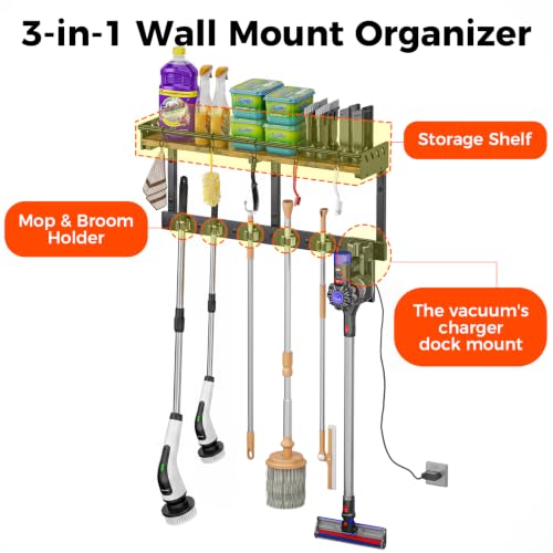 Broom Holder Wall Mount with Shelf, Black, L - Image 4