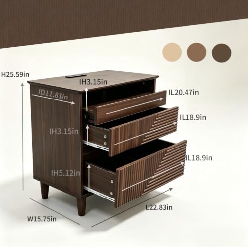 Nightstand with Charging Station, 3 Drawers Fluted Bedside Table - Image 3