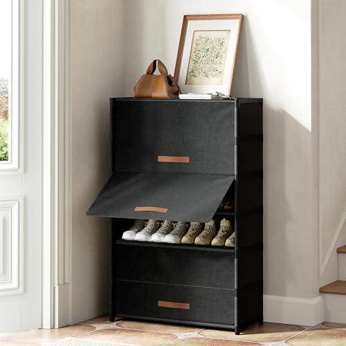 7 Tier Shoe Cabinet with Door, 28-Pair Storage, Black - Image 6