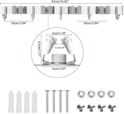 Broom Holder Wall Mount, 5 Racks 4 Hooks Heavy Duty Mop Organizer - Image 3