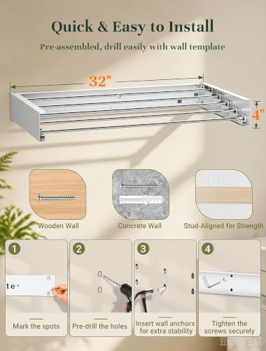 32'' Wall Mounted Clothes Drying Rack, Foldable & | Laundry & Clothing - Image 7