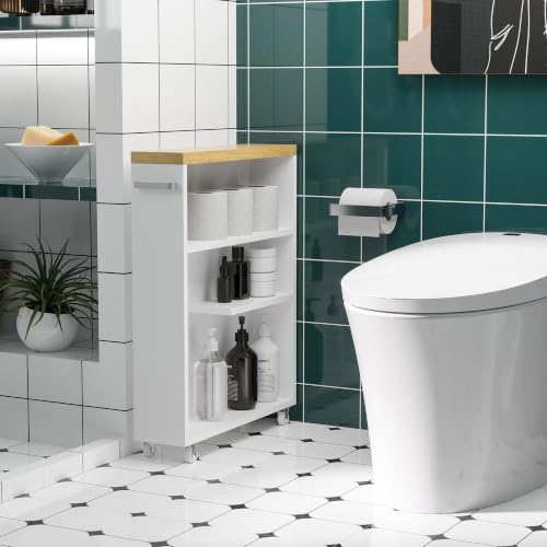 kleankin Slim Bathroom Cabinet with Castor Wheels Fits - Image 3