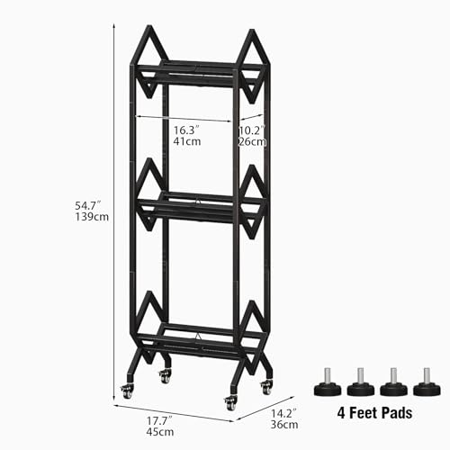 3 Tier Vinyl Record Storage Rack with Casters, Black Metal - Image 3