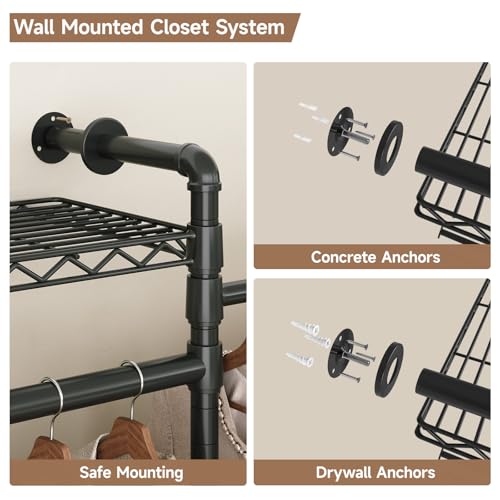 Wall Mounted Garment Rack, Industrial Pipe Clothing Rack Black - Image 6