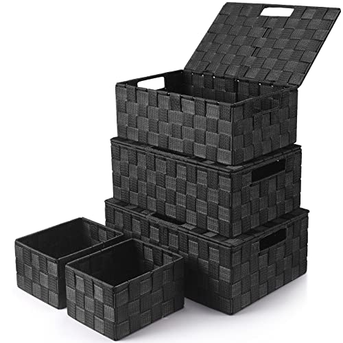 Storage Baskets with Lids: 5 Pack Stackable Woven Storage Bins - Image 2