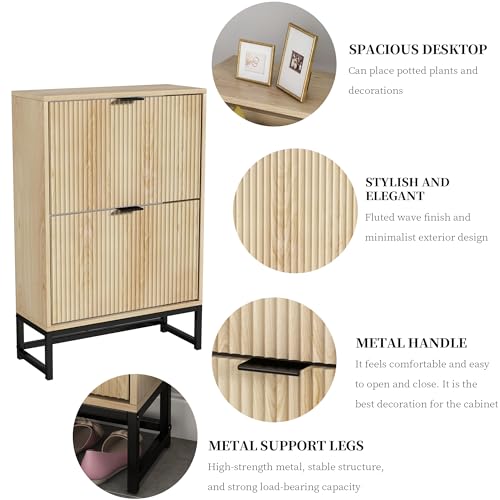 Shoe Storage Cabinet with 2 Flip Drawers Modern Fluted Shoe Rack - Image 7