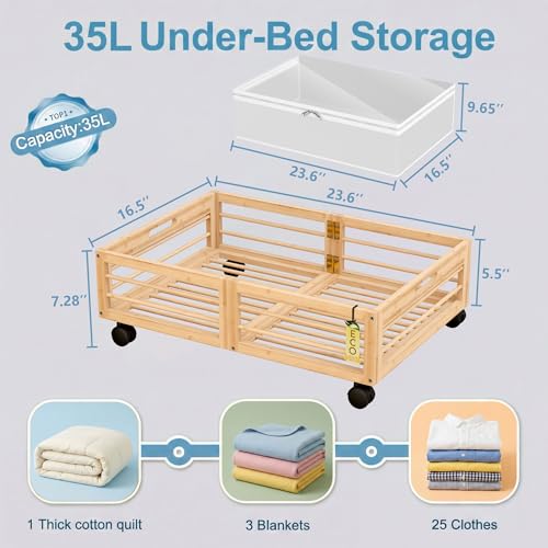 2 Pack Bamboo Under Bed Storage Drawers with Wheels - Image 3