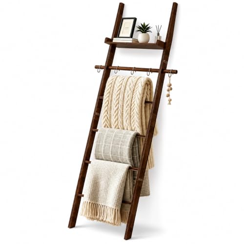 6-Tier Farmhouse Wooden Blanket Ladder with Shelf | Garage Storage - Image 2